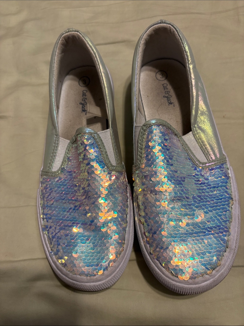 Cute Cat & Jack sneakers, white with sequins shining blue. Size 3.